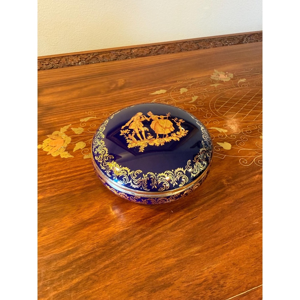 Vintage Limoges Cobalt Blue Gold Trinket Box, French Porcelain 4.5"‎